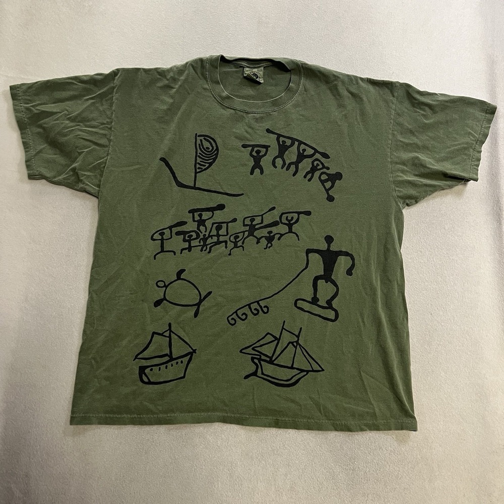 Vintage Tribal Cave Art Double Sided T-Shirt Men's Size XL Green 80s 90s